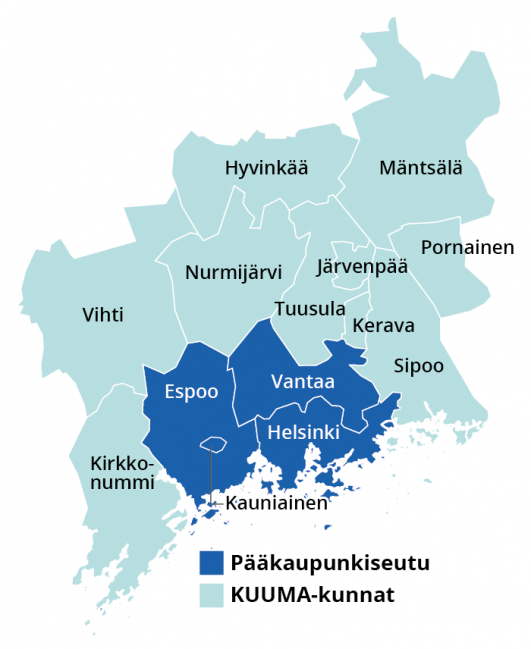 Karttakuvio. Pääkaupunkiseutuun sisältyy Helsinki, Espoo, Vantaa sekä Kauniainen. Helsingin seutuun sisältyy näiden kuntien lisäksi myös KUUMA-kunnat eli Hyvinkää, Järvenpää, Kerava, Kirkkonummi, Mäntsälä, Nurmijärvi, Pornainen, Sipoo, Tuusula ja Vihti.